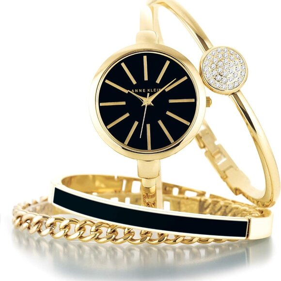 Women's Bangle Watch and Bracelet Set Brass Gold Black Jewelry Gift - Picture 7 of 7